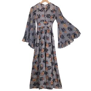 VTG 70s Patchwork Print Floral Bell Sleeve Maxi Dress Sz XS/S Navy Orange Retro